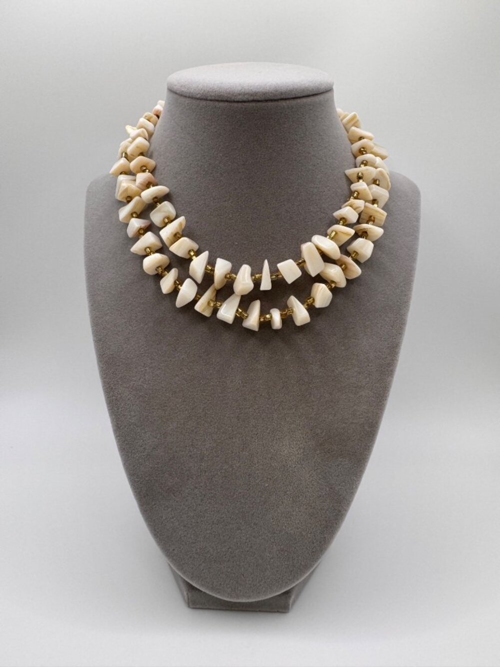 Vintage MOP Shell Necklace Double Strand Gold Tone Beads Signed Japan